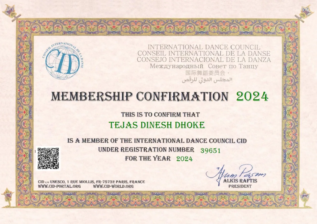 International Dance Council CID membership confirmation for Tejas Dinesh Dhoke