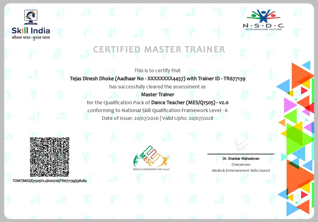 Skill India NSDC Certified Master Trainer certificate for Tejas Dinesh Dhoke